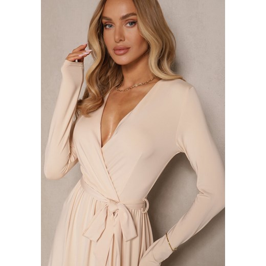 Jasnobeżowa Taliowana Sukienka z Paskiem z Domieszką Wiskozy Hrestalia Renee L promocyjna cena renee.pl