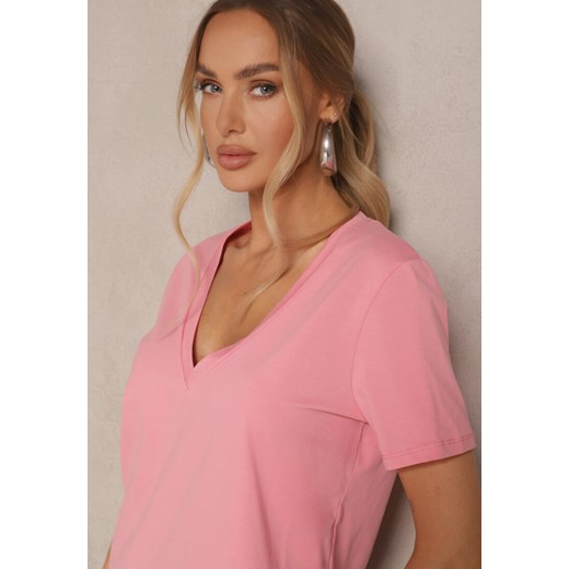 Różowy T-shirt z Bawełny z Dekoltem w Serek Nindriela Renee L renee.pl wyprzedaż