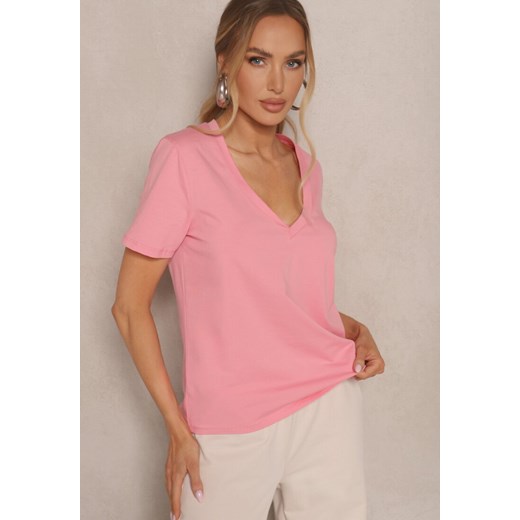 Różowy T-shirt z Bawełny z Dekoltem w Serek Nindriela Renee M promocja renee.pl