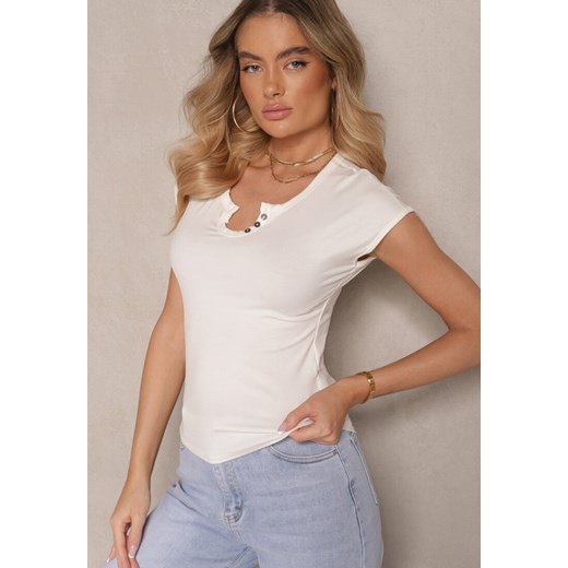 Biały Dopasowany T-shirt z Ozdobnymi Guziczkami i Wycięciem przy Dekolcie Benolla ze sklepu renee.pl w kategorii Bluzki damskie - zdjęcie 179947091