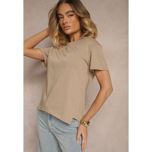 Beżowy T-shirt z Dłuższym Tyłem Zdobiony Haftem Ninilla ze sklepu renee.pl w kategorii Bluzki damskie - zdjęcie 179947101