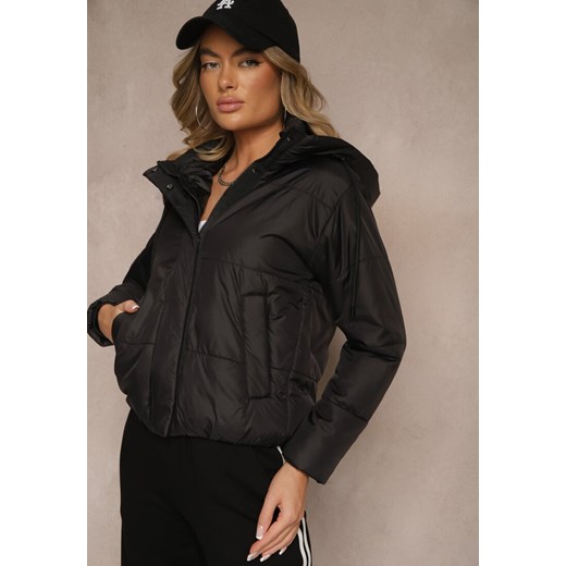 Czarna Kurtka z Szerokim Pikowaniem i Nieodpinanym Kapturem Ninilira ze sklepu renee.pl w kategorii Kurtki damskie - zdjęcie 179947191