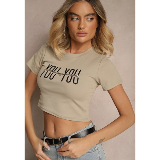 Ciemnobeżowy T-shirt z Bawełny Ozdobiony Łańcuchem i Napisem Olithel ze sklepu renee.pl w kategorii Bluzki damskie - zdjęcie 179947401