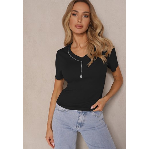Czarny T-shirt z Bawełny z Łańcuszkiem i Marszczeniem Olisinia ze sklepu renee.pl w kategorii Bluzki damskie - zdjęcie 179947411
