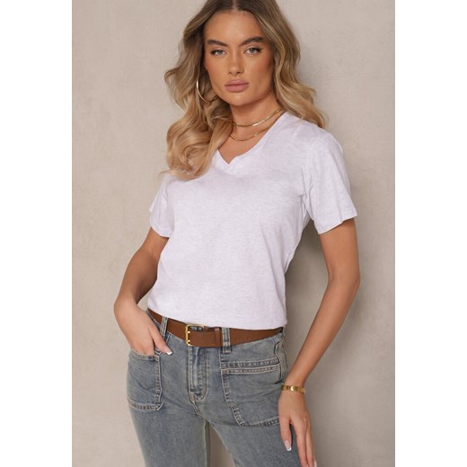 Jasnoszary T-shirt z Bawełny z Dekoltem w Serek Tanirea ze sklepu renee.pl w kategorii Bluzki damskie - zdjęcie 179947431