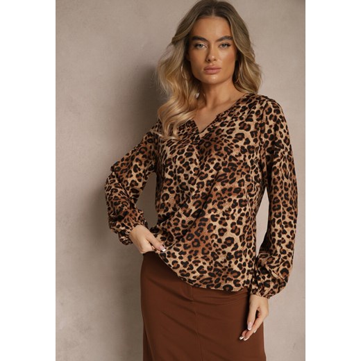 Brązowa Casualowa Bluzka z Bawełną Zdobiona Panterkowym Printem Viterta Renee XL renee.pl promocyjna cena