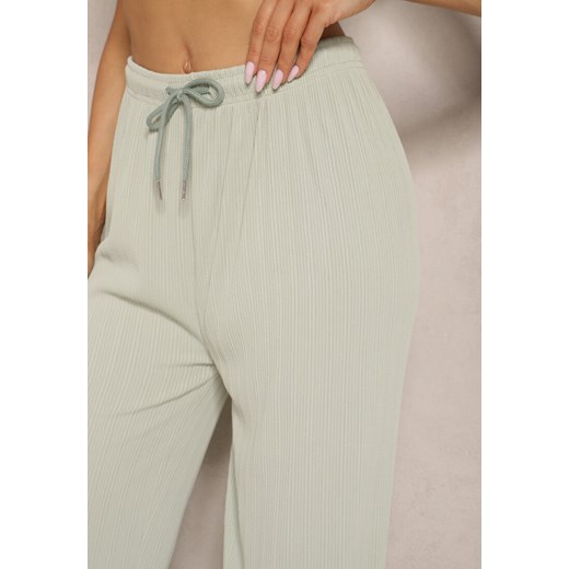 Jasnozielone Spodnie o Szerokim Kroju High Waist Ozdobione Sznurkami Harisna Renee ONE SIZE okazja renee.pl