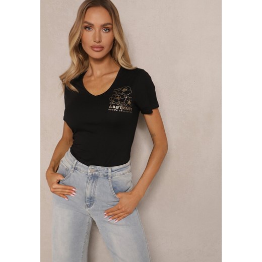 Czarny T-shirt Bawełniany z Nadrukiem i Dekoltem w Serek Elarinia ze sklepu renee.pl w kategorii Bluzki damskie - zdjęcie 179948011