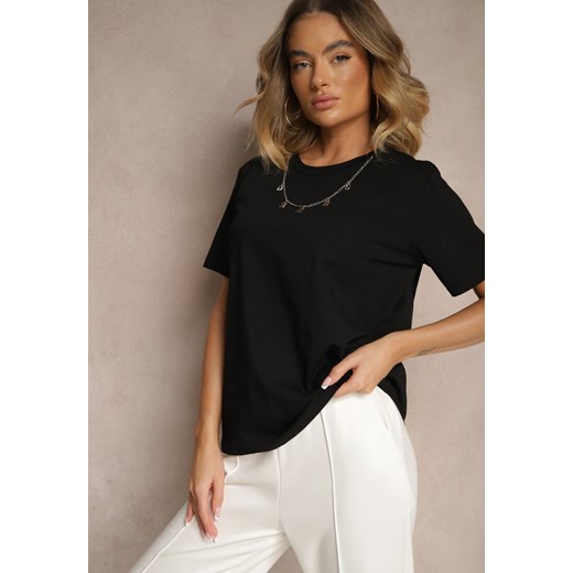 Czarny T-shirt z Bawełny z Ozdobnym Łańcuszkiem Imitującym Naszyjnik Sohna ze sklepu renee.pl w kategorii Bluzki damskie - zdjęcie 179948051