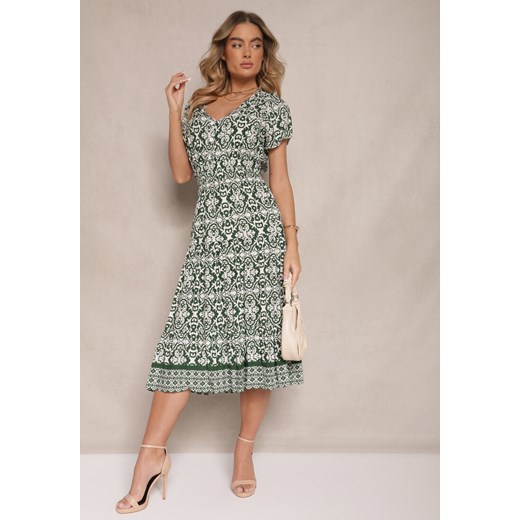 Zielona Rozkloszowana Sukienka z Bawełny w Print Paisley Lanarisa ze sklepu renee.pl w kategorii Sukienki - zdjęcie 179948494