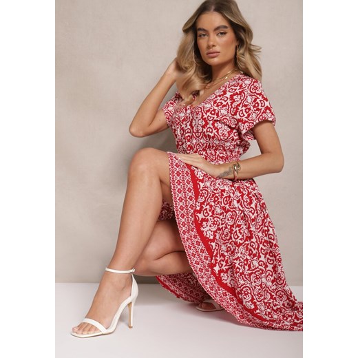 Czerwona Rozkloszowana Sukienka z Bawełny w Print Paisley Lanarisa ze sklepu renee.pl w kategorii Sukienki - zdjęcie 179948504