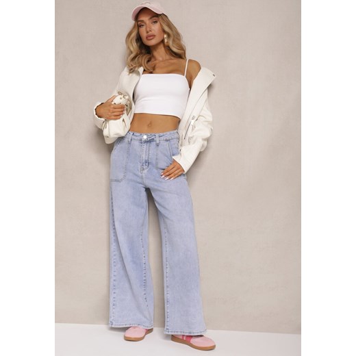 Niebieskie Szerokie Jeansy High Waist z Naszytymi Kieszeniami Zalittie ze sklepu renee.pl w kategorii Jeansy damskie - zdjęcie 179949094