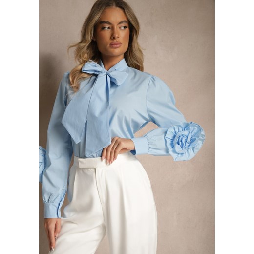 Niebieska Koszula z Elegancką Kokardą i Falbanami Zaliressa ze sklepu renee.pl w kategorii Koszule damskie - zdjęcie 179949354