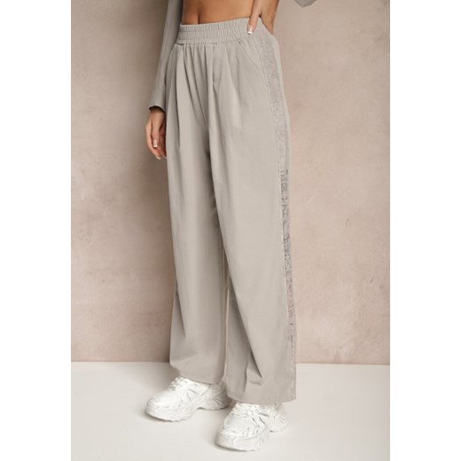 Jasnoszare Spodnie o Szerokim Kroju z Bawełną High Waist Ozdobione Naszywką Renee M okazja renee.pl