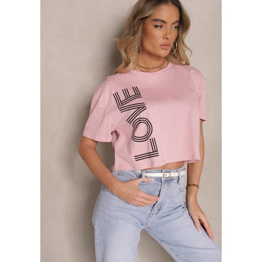 Różowy T-shirt z Bawełny o Krótkim Kroju Ozdobiony Napisem Sannovia ze sklepu renee.pl w kategorii Bluzki damskie - zdjęcie 179949991