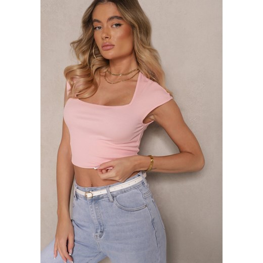 Różowy T-shirt z Wiskozą o Dopasowanym Kroju z Kwadratowym Dekoltem Alathia ze sklepu renee.pl w kategorii Bluzki damskie - zdjęcie 179950930