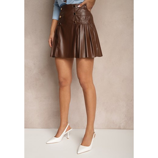 Brązowa Spódnica z Bawełną High Waist z Imitacji Skóry z Napami Tillaria Renee M okazja renee.pl