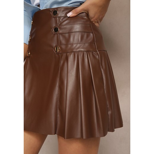 Brązowa Spódnica z Bawełną High Waist z Imitacji Skóry z Napami Tillaria Renee S wyprzedaż renee.pl