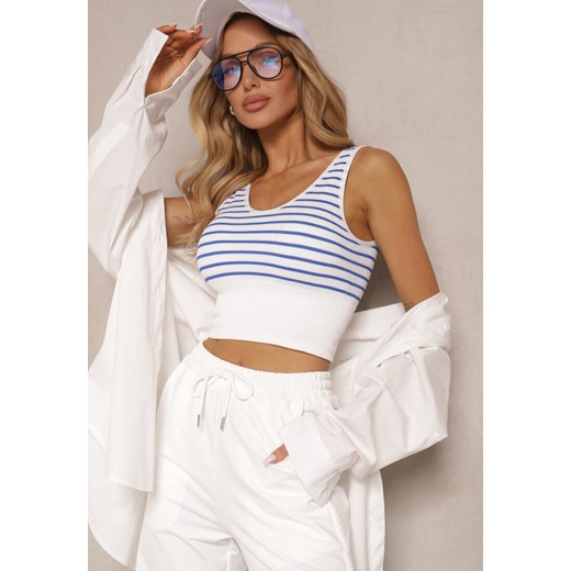 Biało-Niebieski Tank Top z Prążkowanego Materiału w Print w Paski Sesarila ze sklepu renee.pl w kategorii Bluzki damskie - zdjęcie 179951533
