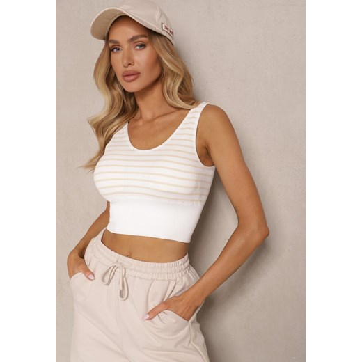 Biało-Beżowy Tank Top z Prążkowanego Materiału w Print w Paski Sesarila ze sklepu renee.pl w kategorii Bluzki damskie - zdjęcie 179951553