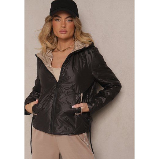 Czarna Kurtka z Pikowanymi Przeszyciami i Kapturem Ściągana po Bokach Nusillian ze sklepu renee.pl w kategorii Kurtki damskie - zdjęcie 179951644