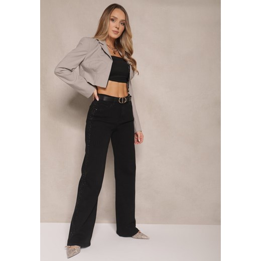Czarne Szerokie Jeansy High Waist z Cyrkoniowym Zdobieniem Nusamira ze sklepu renee.pl w kategorii Jeansy damskie - zdjęcie 179951943