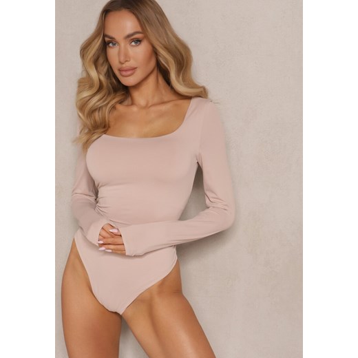 Beżowe Body Longsleeve o Dopasowanym Kroju z Kwadratowym Dekoltem Sesadiel ze sklepu renee.pl w kategorii Bluzki damskie - zdjęcie 179952022