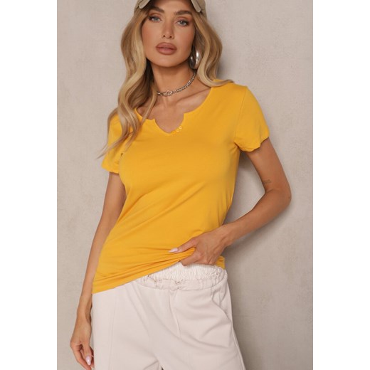 Żółty Bawełniany T-shirt Ozdobiony Guzikami Lisamaris Renee S promocja renee.pl
