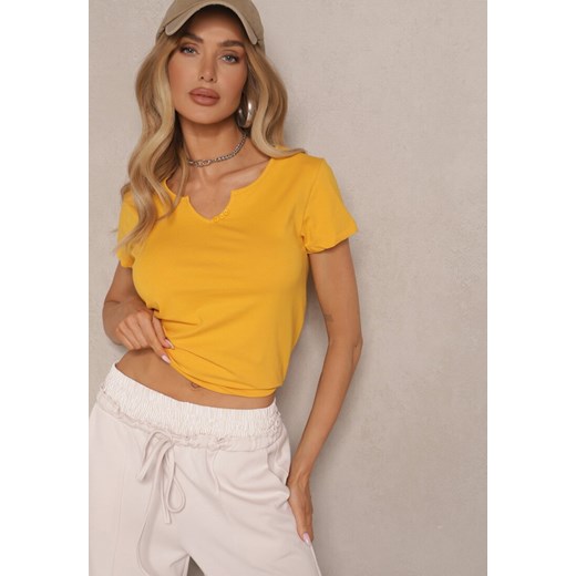 Żółty Bawełniany T-shirt Ozdobiony Guzikami Lisamaris Renee M wyprzedaż renee.pl