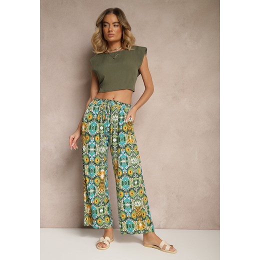 Zielone Bawełniane Spodnie High Waist Szerokie we Wzór Boho Tolioria ze sklepu renee.pl w kategorii Spodnie damskie - zdjęcie 179952753
