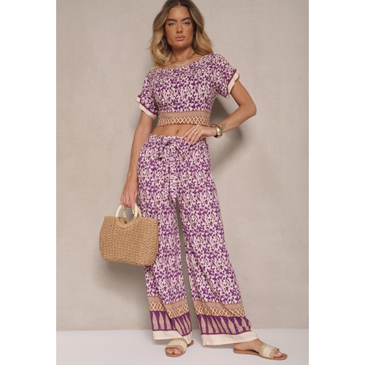 Fioletowy Komplet z Bawełny w Print Boho Szerokie Spodnie i Koszulka Telanitha ze sklepu renee.pl w kategorii Komplety i garnitury damskie - zdjęcie 179952763