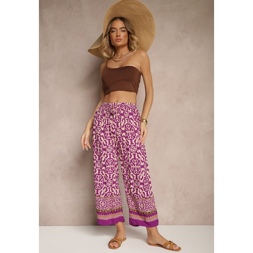 Fioletowe Szerokie Spodnie Culottes z Bawełny w Ornamentalny Print Lisanella ze sklepu renee.pl w kategorii Spodnie damskie - zdjęcie 179952793