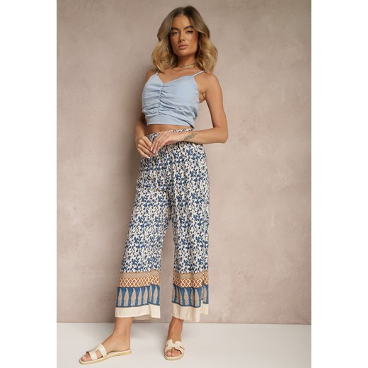 Niebieskie Spodnie z Bawełny High Waist z Abstrakcyjnym Wzorem Lisathiela ze sklepu renee.pl w kategorii Spodnie damskie - zdjęcie 179952823