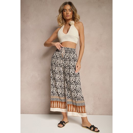 Czarne Spodnie z Bawełny High Waist z Abstrakcyjnym Wzorem Lisathiela ze sklepu renee.pl w kategorii Spodnie damskie - zdjęcie 179952833