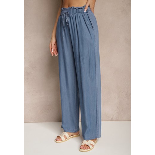 Niebieskie Spodnie z Bawełny High Waist z Gumką i Wiązaniem w Talii Lisadriela Renee M renee.pl wyprzedaż
