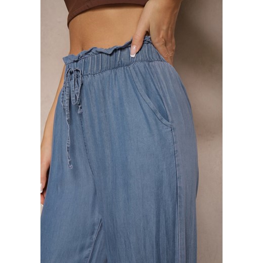 Niebieskie Spodnie z Bawełny High Waist z Gumką i Wiązaniem w Talii Lisadriela Renee L promocja renee.pl