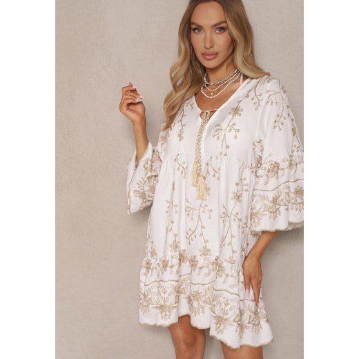 Biała Sukienka Oversize w Stylu Boho z Wiskozą Zdobiona Haftem Zenhiria Renee ONE SIZE okazyjna cena renee.pl