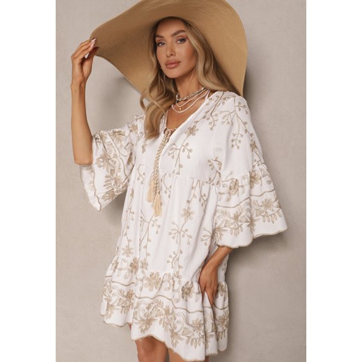 Biała Sukienka Oversize w Stylu Boho z Wiskozą Zdobiona Haftem Zenhiria Renee ONE SIZE wyprzedaż renee.pl