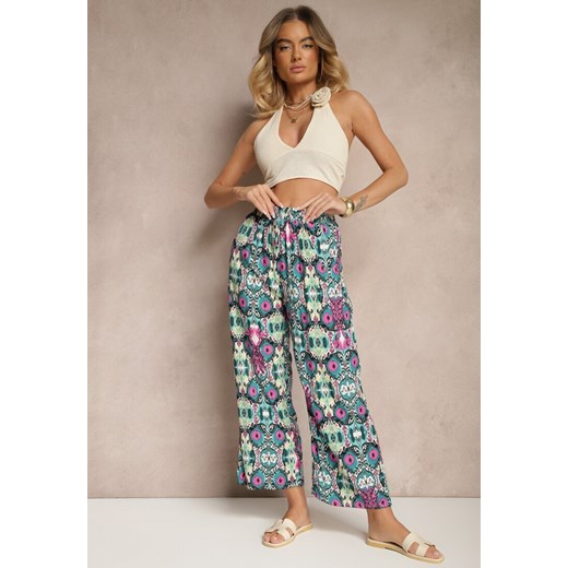 Zielono-Różowe Bawełniane Spodnie High Waist Szerokie we Wzór Boho Tolioria ze sklepu renee.pl w kategorii Spodnie damskie - zdjęcie 179954212