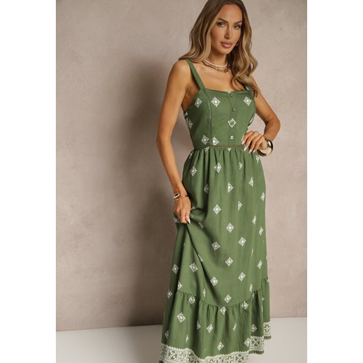 Zielona Sukienka z Wiskozą o Rozkloszowanym Kroju na Ramiączkach w Boho Print Leaella ze sklepu renee.pl w kategorii Sukienki - zdjęcie 179954602