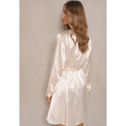 Beżowa Koszulowa Sukienka z Satyny Ozdobiona Cyrkoniami i Paskiem Miledis Renee M okazyjna cena renee.pl