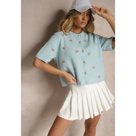 Niebieski Wzorzysty Sweter Kardigan z Krótkim Rękawem z Dodatkiem Wełny Korivelle ze sklepu renee.pl w kategorii Swetry damskie - zdjęcie 179955214