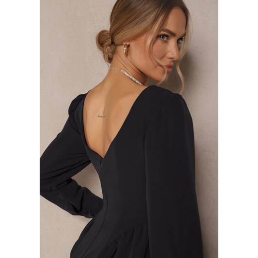 Czarna Sukienka o Rozkloszowanym Kroju Ozdobiona Kwadratowym Dekoltem Katirva Renee S renee.pl wyprzedaż
