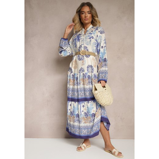 Niebieska Sukienka z Wiskozy Rozkloszowana w Print Boho Aedia ze sklepu renee.pl w kategorii Sukienki - zdjęcie 179955660