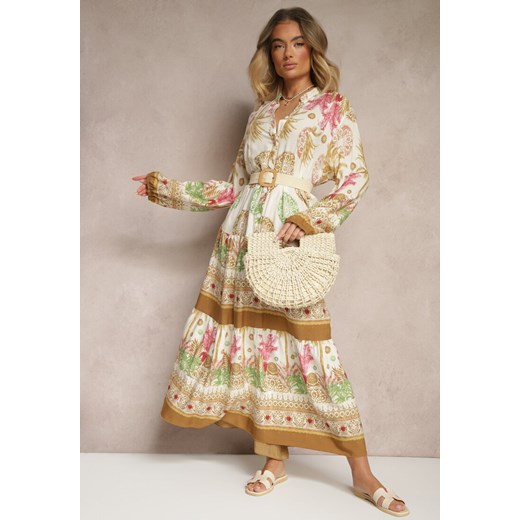 Beżowa Sukienka z Wiskozy Rozkloszowana w Print Boho Aedia ze sklepu renee.pl w kategorii Sukienki - zdjęcie 179955670