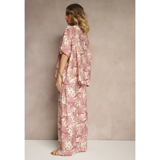 Różowy Komplet z Wiskozy Zdobiony Roślinnym Printem T-shirt i Szerokie Spodnie Renee L wyprzedaż renee.pl
