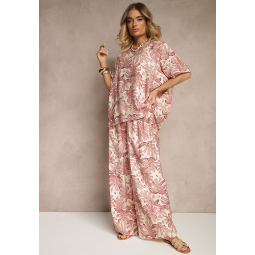 Różowy Komplet z Wiskozy Zdobiony Roślinnym Printem T-shirt i Szerokie Spodnie Renee XL wyprzedaż renee.pl