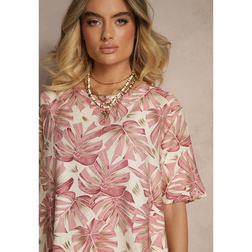Różowy Komplet z Wiskozy Zdobiony Roślinnym Printem T-shirt i Szerokie Spodnie Renee XL okazyjna cena renee.pl