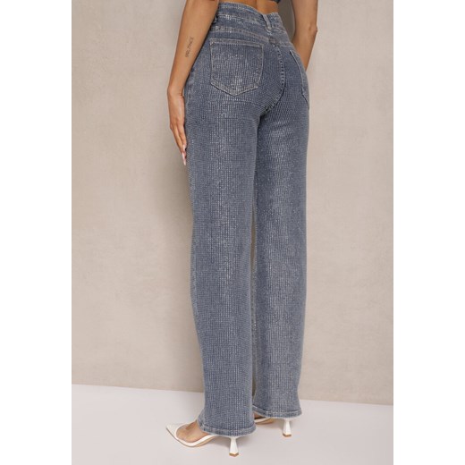 Niebieskie Jeansy Szerokie z Wiskozą i Bawełną High Waist Ozdobione Cyrkoniami Renee L wyprzedaż renee.pl