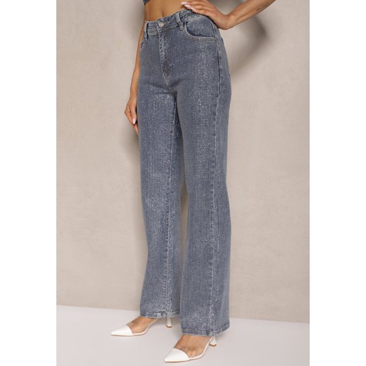 Niebieskie Jeansy Szerokie z Wiskozą i Bawełną High Waist Ozdobione Cyrkoniami Renee M renee.pl okazyjna cena
